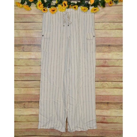 Calvin Klein Ladies M Tan Striped Pull On Wide Leg Cargo Pants Pockets Casual - Picture 1 of 8